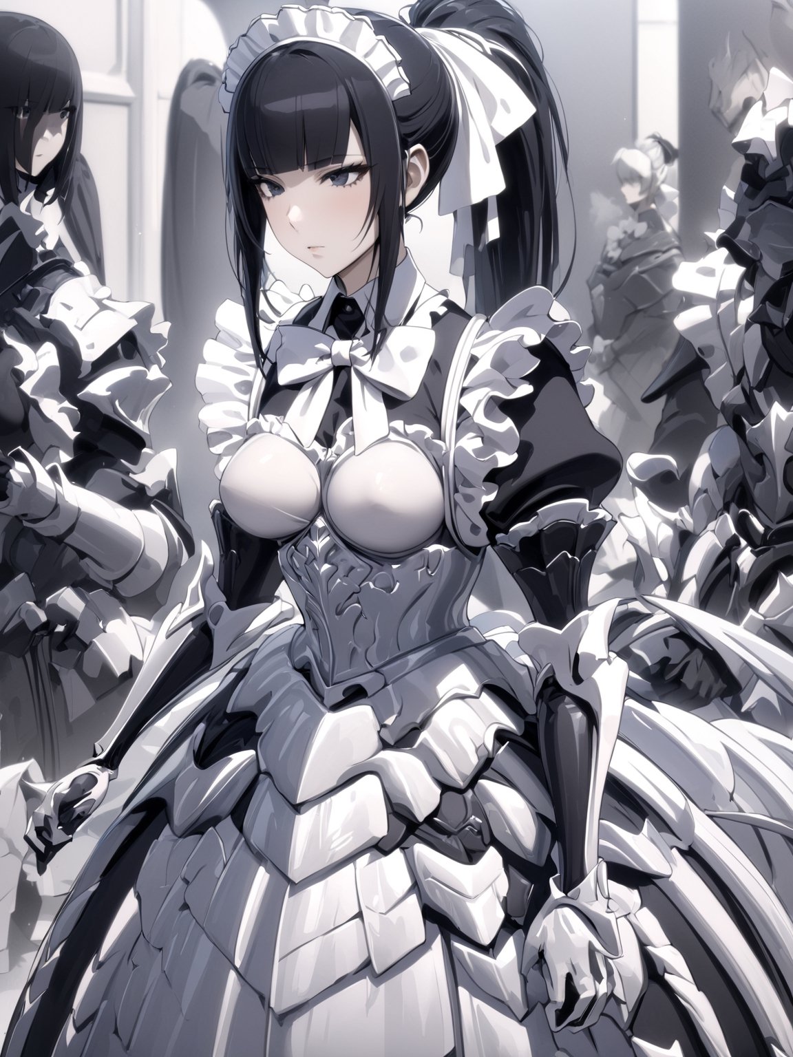 //Quality,
masterpiece, best quality, detailed
,//Character,
1girl, solo
,//Fashion,
,//Background,
,//Others,
,narberal gamma \(overlord\), 1girl, long hair, black hair, glay eyes, bangs, ponytail, medium breats, ribbon, bow, maid, dress, armor, gloves