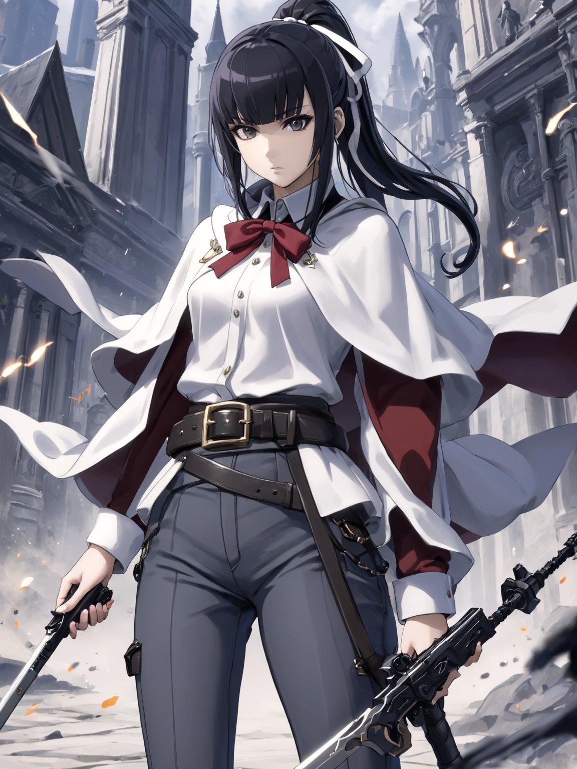 //Quality,
masterpiece, best quality, detailed
,//Character,
1girl, solo
,//Fashion,
,//Background,
,//Others,
,narberal gamma \(overlord\), 1girl, long hair, black hair, glay eyes, bangs, ponytail, medium breats, hair ribbon, long sleeves, capelet, belt, pants, weapon