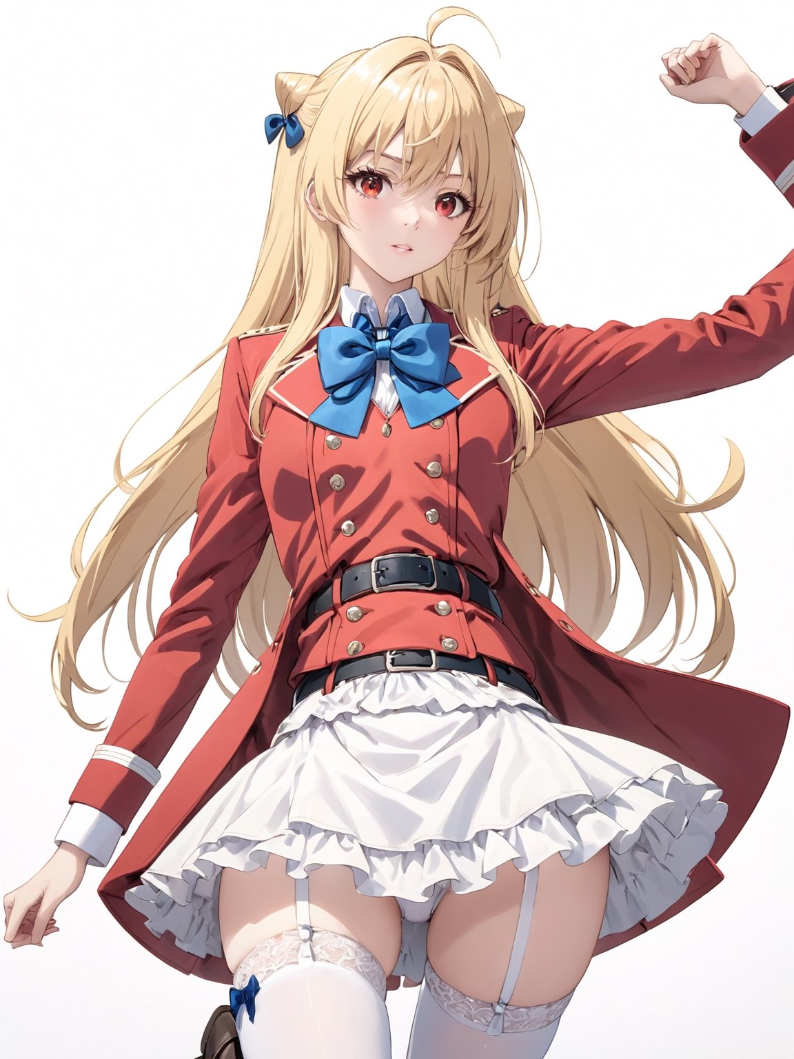 //Quality, masterpiece, best quality, detailmaster2, 8k, 8k UHD, ultra detailed, ultra-high resolution, ultra-high definition, highres, 
//Character, 1girl, solo,Terakomari, long hair, blonde hair, red eyes, ahoge, 
//Fashion, red coat, belt buckle, blue bowtie, long sleeves, white skirt, bow, white thighhighs, garter straps, boots, 
//Background, white background, 
//Others, 