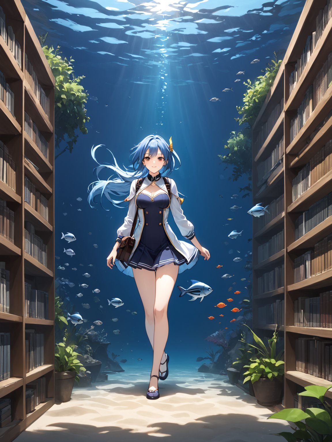 masterpiece, best quality, highres
,//Character, 
1girl, solo
,//Fashion, 
,//Background, white background
,//Others, ,Expressiveh, 
,AobaTsukuyo,
A girl in scuba gear exploring an underwater library, with fish swimming between bookshelves and seaweed growing from old tomes.