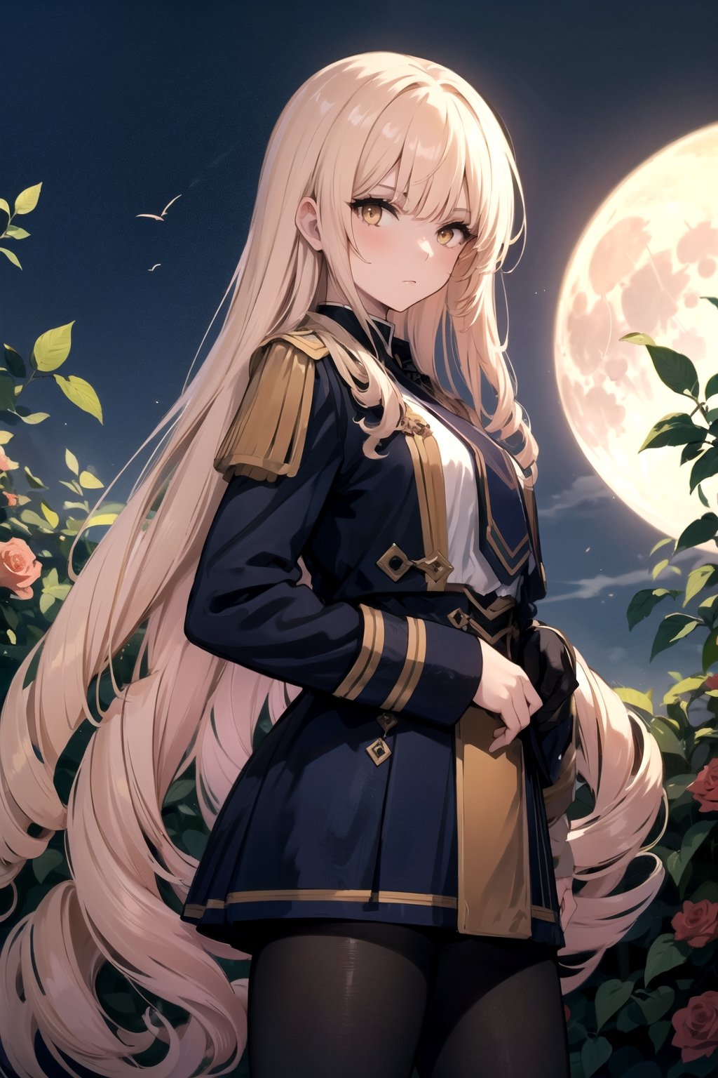 //Quality,
(masterpiece), (best quality), 8k illustration
,//Character,
1girl, solo
,//Fashion,
,//Background,
shadow rose garden, fullmoon
,//Others,
,roseoriana-hairstyle, drill hair,outfit-roseoriana uniform,lady,mature female,cowboy shot