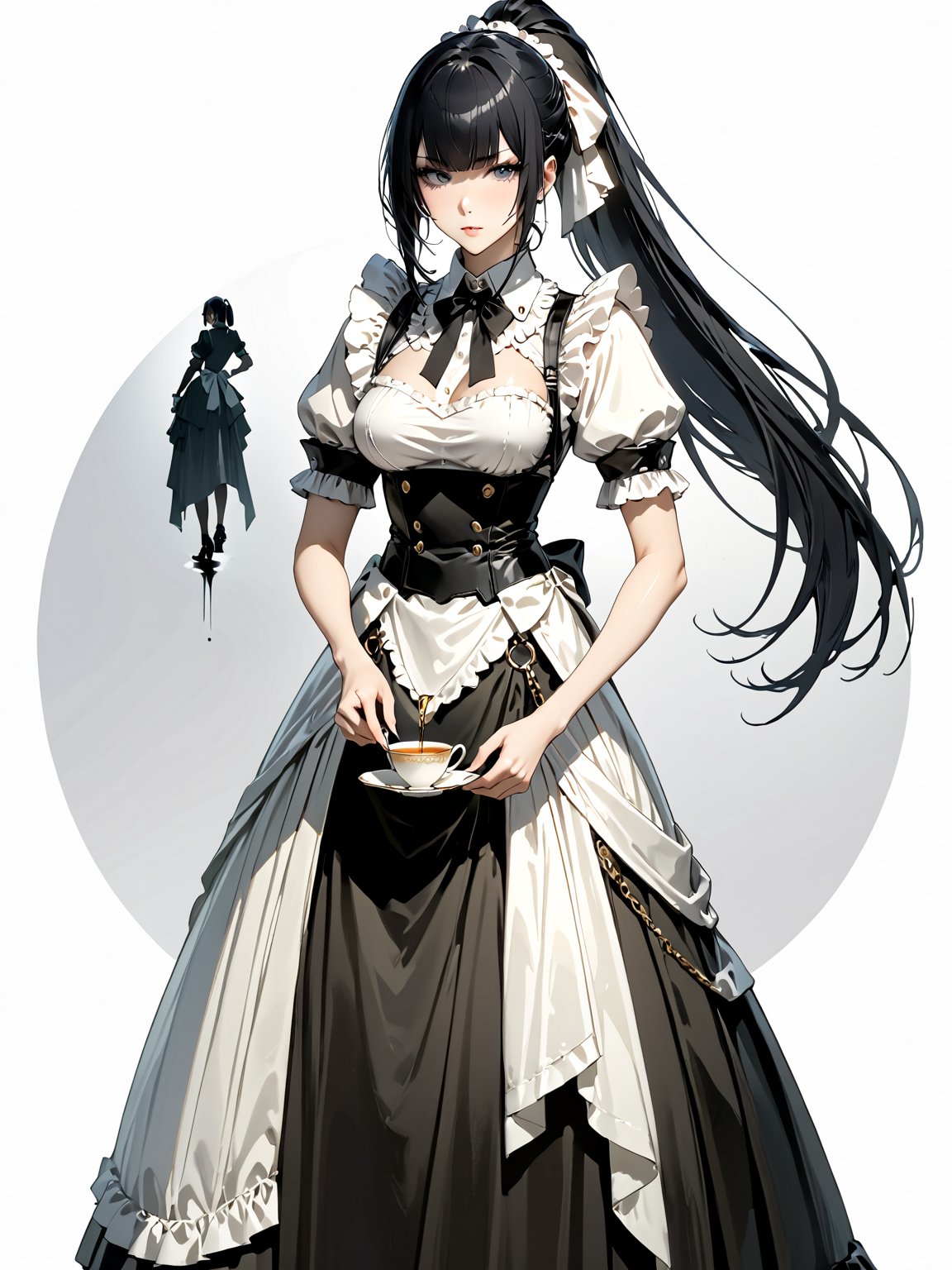 score_9,score_8_up,score_7_up,score_6_up, masterpiece, best quality, highres
,//Character, 
1girl, solo,narberal gamma \(overlord\), long hair, black hair, glay eyes, bangs, ponytail, medium breats
,//Fashion, 
maid
,//Background, 
,//Others, ,Expressiveh, 
A girl having a tea party with her shadow, which has come to life and is pouring tea from a ray of sunlight.