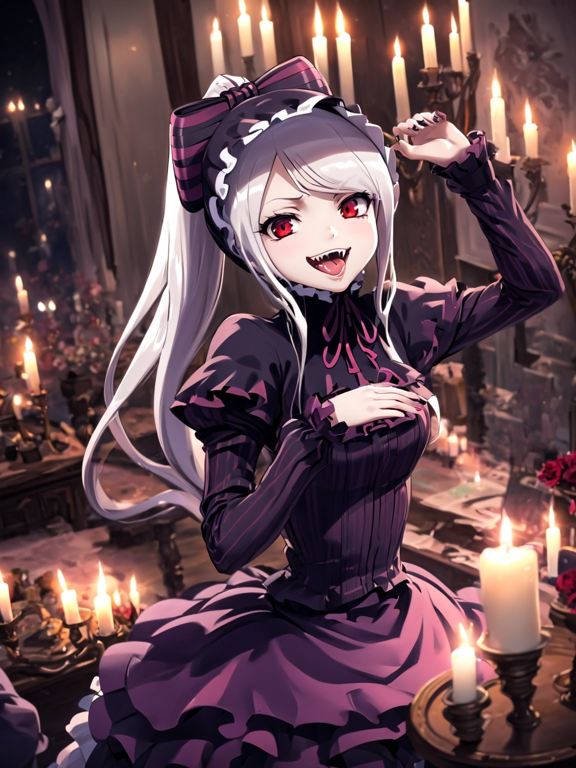 //Quality,
masterpiece, best quality, detailed
,//Character,
1girl, solo,shalltear bloodfallen \(overlord\), red eyes, long hair, white hair, bangs, ponytail
,//Fashion,
gothic lolita, striped bow, frilled dress, long sleeves
,//Background,
night, candle lit room
,//Others,
open mouth, tongue, fangs, smile, ridicule