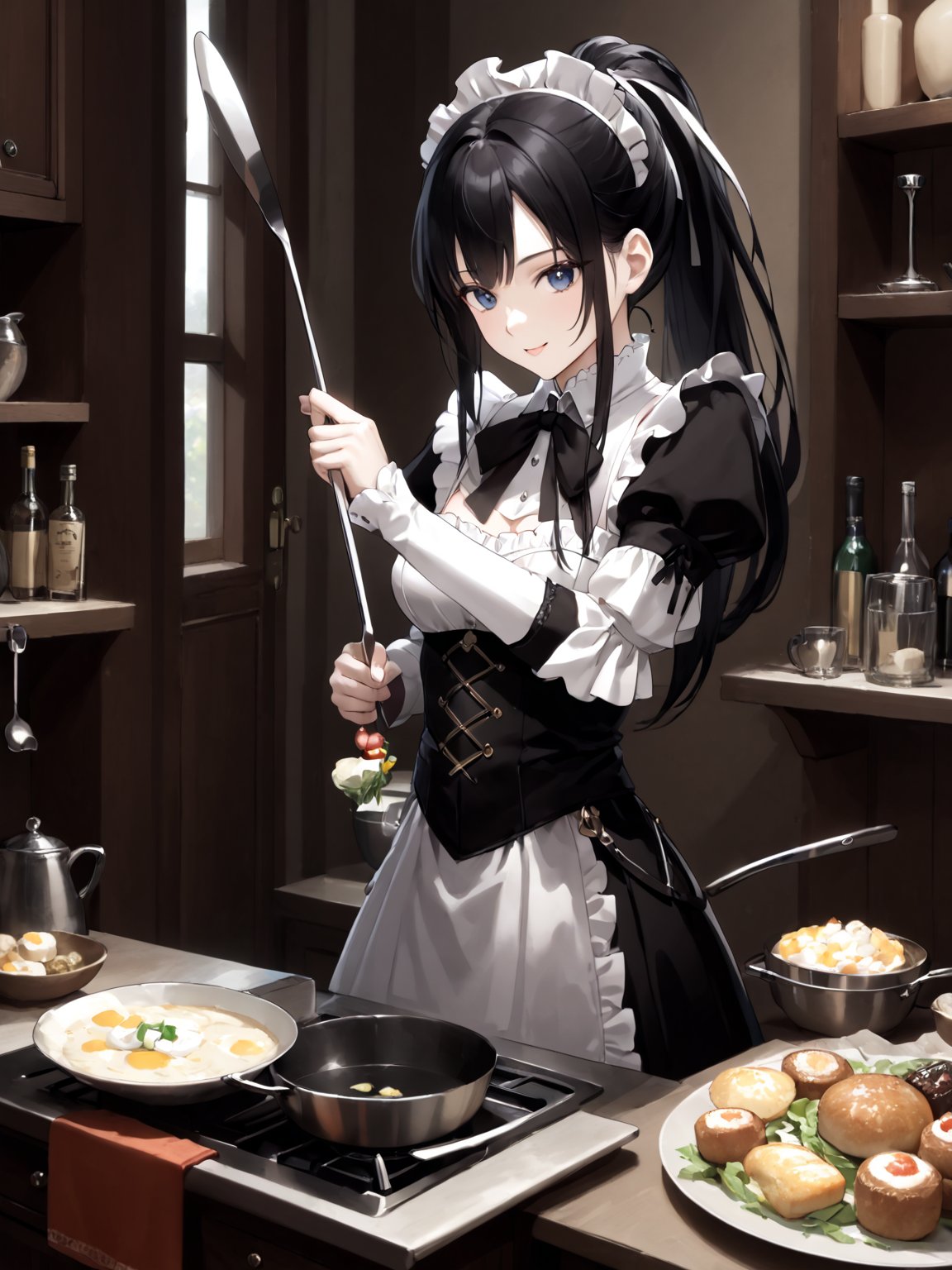 A girl conducting an orchestra of kitchen utensils, each spoon and fork playing itself while floating in mid-air.,
score_9,score_8_up,score_7_up,score_6_up, masterpiece, best quality, highres
,//Character, 
1girl,narberal gamma \(overlord\), long hair, black hair, glay eyes, bangs, ponytail, medium breats
,//Fashion, 
maid
,//Background, 
,//Others, ,Expressiveh, 
