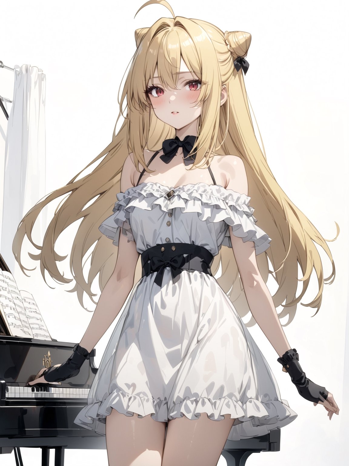 //Quality, masterpiece, best quality, detailmaster2, 8k, 8k UHD, ultra detailed, ultra-high resolution, ultra-high definition, highres, 
//Character, 1girl, solo,Terakomari, long hair, blonde hair, red eyes, ahoge, 
//Fashion, frills, off shoulder, hair bun, white dress, see-through, off-shoulder dress, piano,
//Background, white background, 
//Others, 