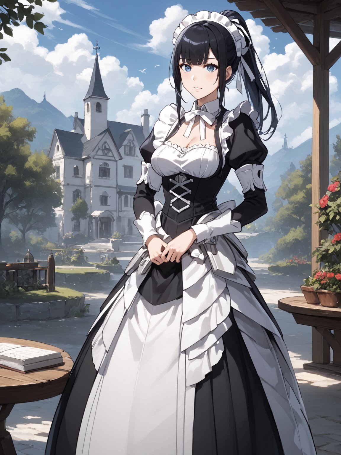 score_9,score_8_up,score_7_up,score_6_up, masterpiece, best quality, highres
,//Character, 
1girl,narberal gamma \(overlord\), long hair, black hair, glay eyes, bangs, ponytail, medium breats
,//Fashion, 
maid
,//Background, 
,//Others, ,Expressiveh, 
A girl and her father building a birdhouse together in a sun-dappled backyard, surrounded by tools and wood shavings.