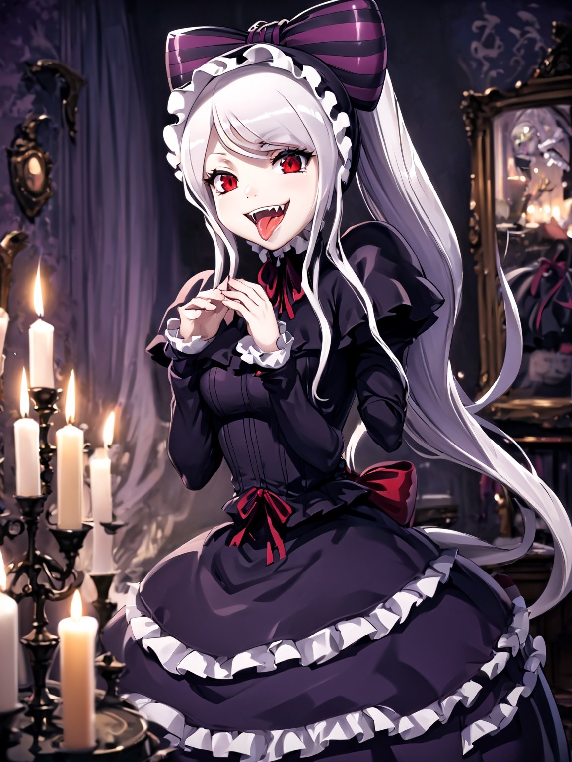 //Quality,
masterpiece, best quality, detailed
,//Character,
1girl, solo,shalltear bloodfallen \(overlord\), red eyes, long hair, white hair, bangs, ponytail
,//Fashion,
gothic lolita, striped bow, frilled dress, long sleeves
,//Background,
night, candle lit room
,//Others,
open mouth, tongue, fangs, smile, ridicule