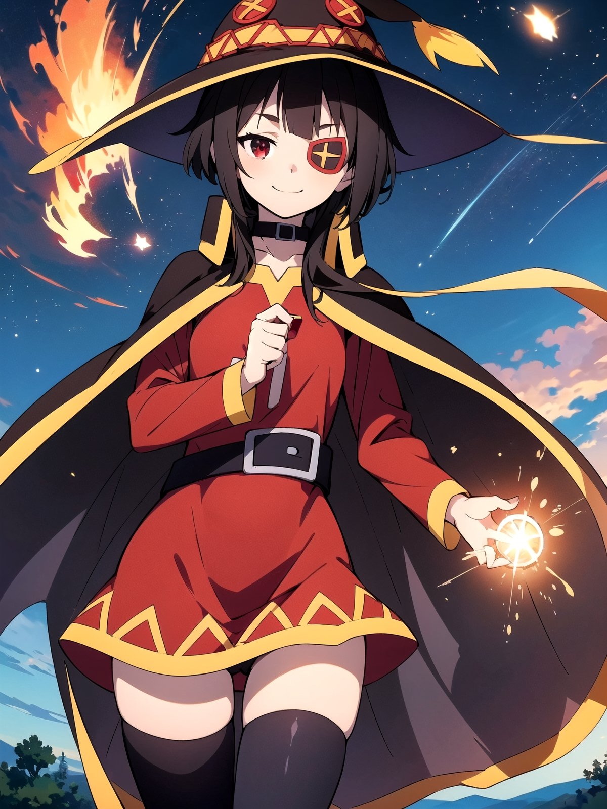 //Quality,
(masterpiece), (best quality), 8k illustration
,//Character,
1girl, solo, smile
,//Fashion,
,//Background,
night sky, meteor,  
,//Others,
make a wish,Megu-KJ , megu dress , megu cape , asymmetrical legwear, right thighhighs, eyepatch,Megu-KJ