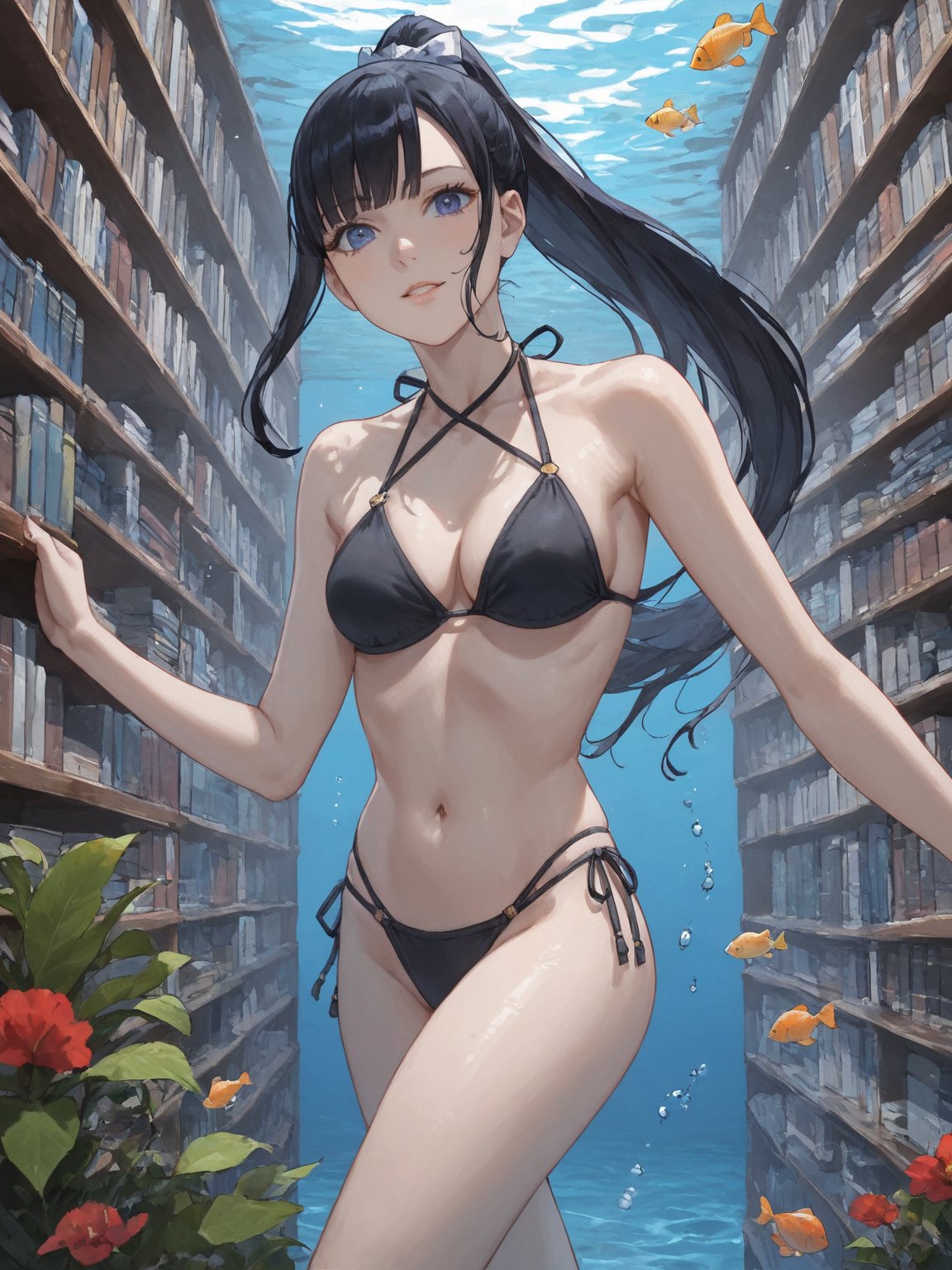 score_9,score_8_up,score_7_up,score_6_up, masterpiece, best quality, highres
,//Character, 
1girl, solo,narberal gamma \(overlord\), long hair, black hair, glay eyes, bangs, ponytail, medium breats
,//Fashion, 
bikini
,//Background, 
,//Others, ,Expressiveh, 
A girl in scuba gear exploring an underwater library, with fish swimming between bookshelves and seaweed growing from old tomes.