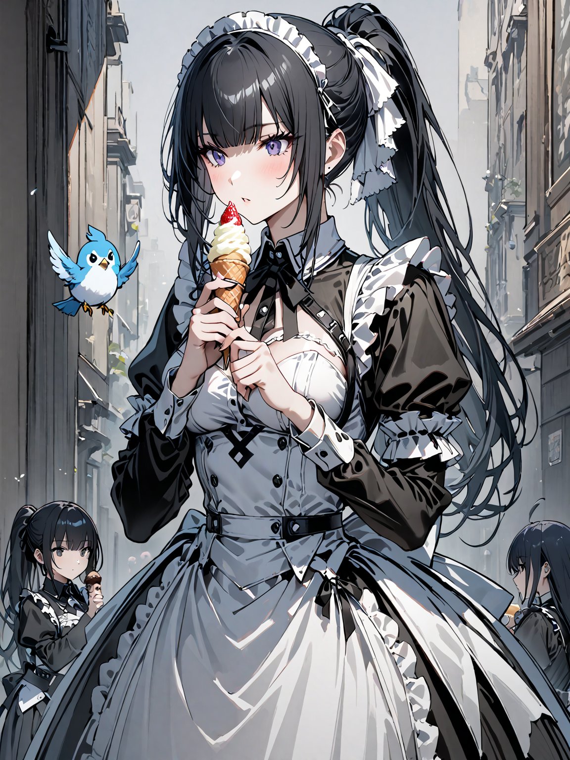 score_9,score_8_up,score_7_up,score_6_up, masterpiece, best quality, highres
,//Character, 
1girl,narberal gamma \(overlord\), long hair, black hair, glay eyes, bangs, ponytail, medium breats
,//Fashion, 
maid
,//Background, 
,//Others, ,Expressiveh, 
A girl sharing her ice cream cone with a tiny bird perched on her finger, both looking curious and content.