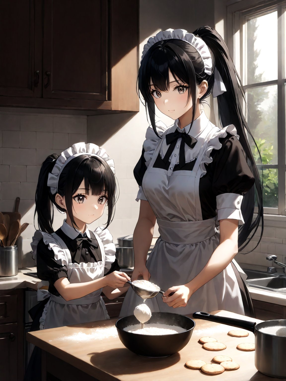 score_9,score_8_up,score_7_up,score_6_up, masterpiece, best quality, highres
,//Character, 
1girl,narberal gamma \(overlord\), long hair, black hair, glay eyes, bangs, ponytail, medium breats
,//Fashion, 
maid
,//Background, 
,//Others, ,Expressiveh, 
A little girl and her grandmother baking cookies together, flour on their noses, warm kitchen light streaming through the window.