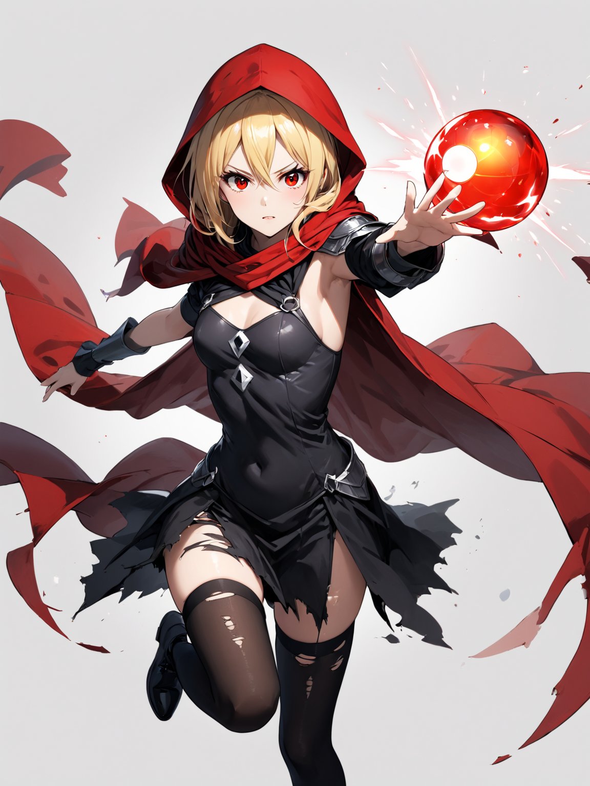 score_9,score_8_up,score_7_up,score_6_up, masterpiece, best quality, 8k, 8k UHD, ultra-high resolution, ultra-high definition, highres
,//Character, 
1girl, solo,Evileye \(overlord\), blonde hair, red eyes, hair between eyes, small breasts
,//Fashion, 
hood, black dress, torn clothes, covered navel, red cloak, hooded cloak, black thighhighs, torn thighhighs, 
hood up
,//Background, white_background
,//Others, ,Expressiveh,
dynamic pose, energy ball charging