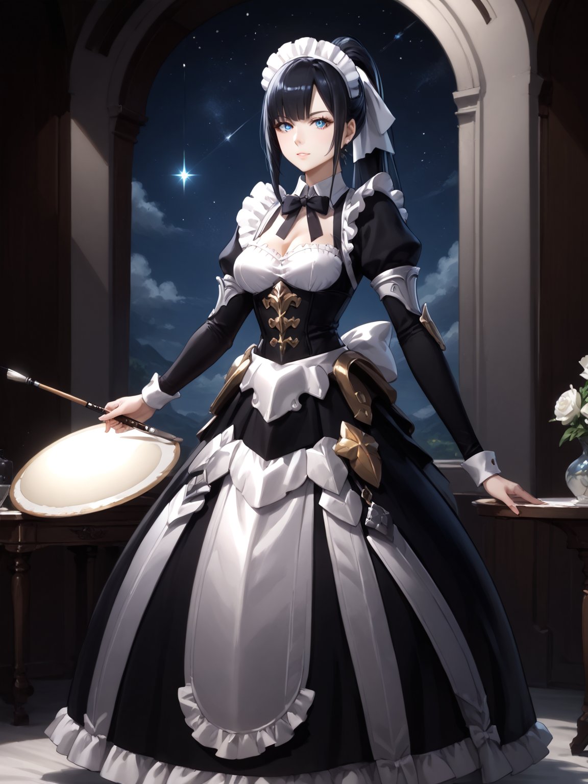 score_9,score_8_up,score_7_up,score_6_up, masterpiece, best quality, highres
,//Character, 
1girl, solo,narberal gamma \(overlord\), long hair, black hair, glay eyes, bangs, ponytail, medium breats
,//Fashion, 
maid
,//Background, 
,//Others, ,Expressiveh, 
A girl painting the night sky with a gigantic paintbrush, creating stars and galaxies with each stroke.