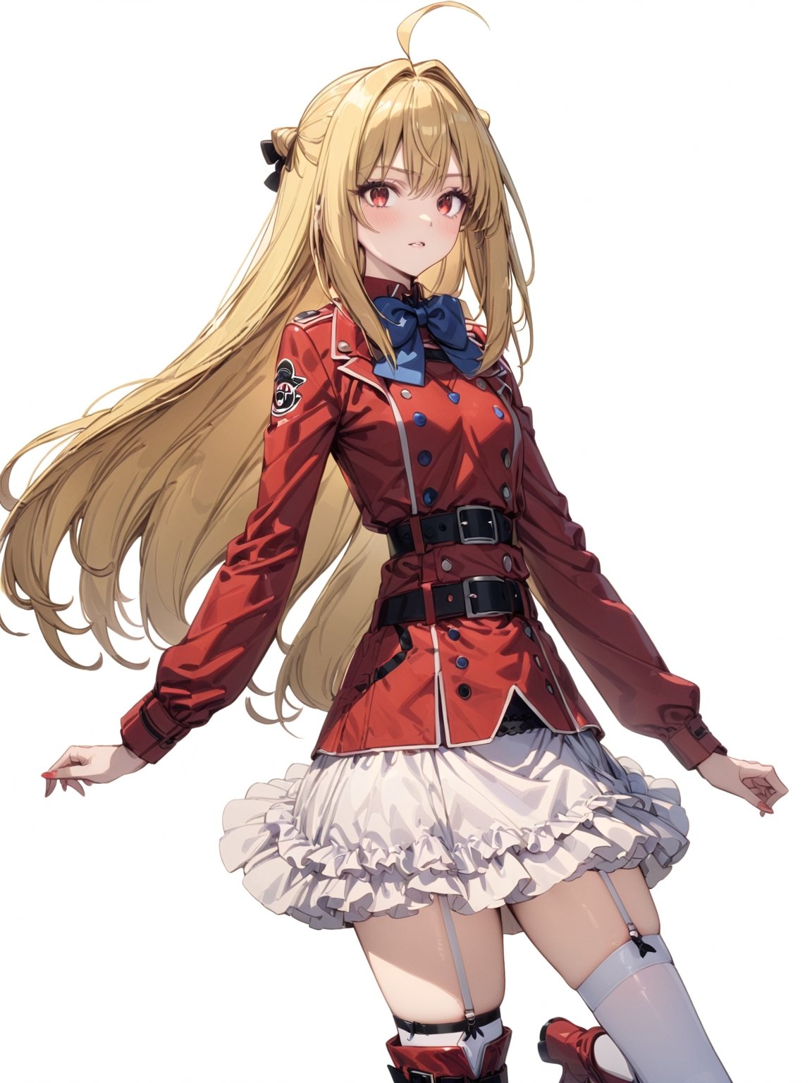 //Quality, masterpiece, best quality, detailmaster2, 8k, 8k UHD, ultra detailed, ultra-high resolution, ultra-high definition, highres, 
//Character, 1girl, solo,Terakomari, long hair, blonde hair, red eyes, ahoge, 
//Fashion, red coat, belt buckle, blue bowtie, long sleeves, white skirt, bow, white thighhighs, garter straps, boots, 
//Background, white background, 
//Others, 