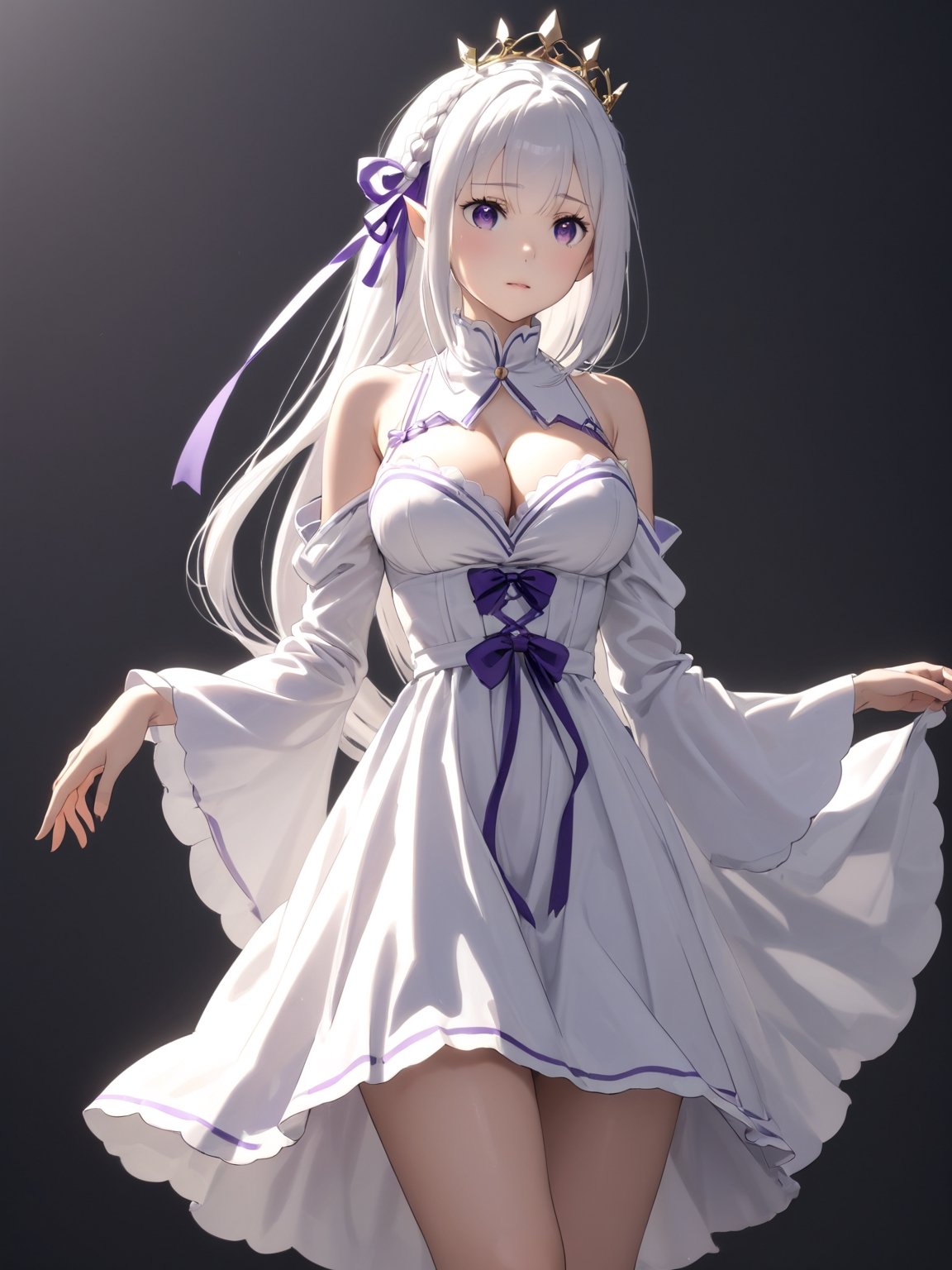 //Character, solo,emilia \(re_zero\), 1girl, long hair, white hair, purple eyes crown braid, pointy ears, 
//Fashion, white dress, hair ornament, hair ribbon, purple ribbon, bare shoulders, cleavage, white footwear,
//Background, simple background, 
//Quality, (masterpiece), best quality, ultra-high resolution, ultra-high definition, highres, intricate, intricate details, absurdres, highly detailed, finely detailed, ultra-detailed, ultra-high texture quality, natural lighting, natural shadow, dramatic shading, dramatic lighting, vivid colour, perfect anatomy, 
//Others, 