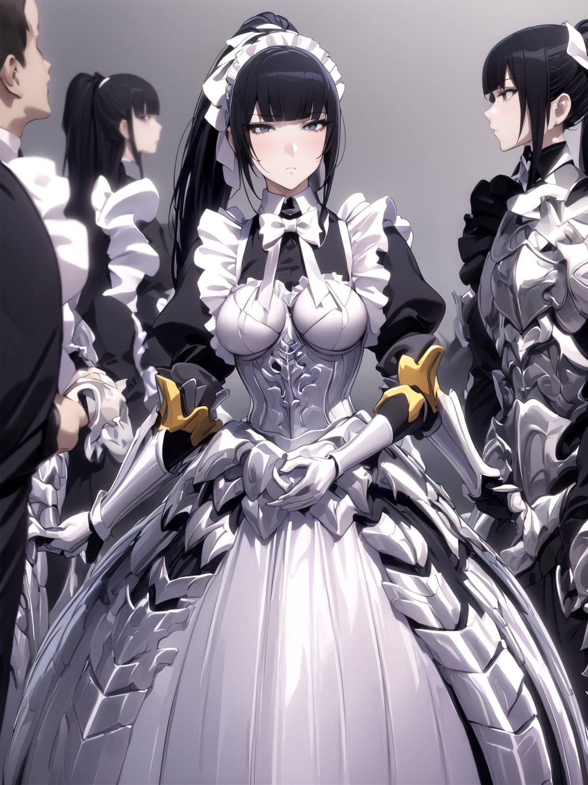 //Quality,
masterpiece, best quality, detailed
,//Character,
1girl, solo
,//Fashion,
,//Background,
,//Others,
,narberal gamma \(overlord\), 1girl, long hair, black hair, glay eyes, bangs, ponytail, medium breats, ribbon, bow, maid, dress, armor, gloves