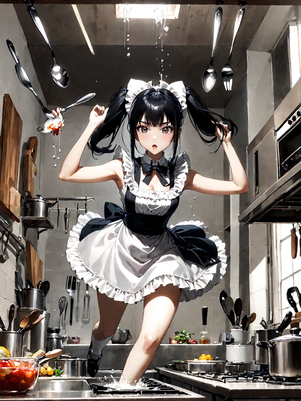 score_9,score_8_up,score_7_up,score_6_up, masterpiece, best quality, highres
,//Character, 
1girl, solo,narberal gamma \(overlord\), long hair, black hair, glay eyes, bangs, ponytail, medium breats
,//Fashion, 
maid
,//Background, 
,//Others, ,Expressiveh, 
A girl conducting an orchestra of kitchen utensils, each spoon and fork playing itself while floating in mid-air.