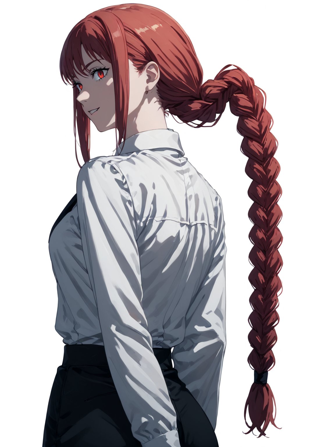 score_9,score_8_up,score_7_up,score_6_up, masterpiece, best quality, 8k, 8k UHD, ultra-high resolution, ultra-high definition, highres
,//Character, 
1girl, solo,makima_v1, red hair, ringed eyes, braided ponytail
,//Fashion, 
black necktie, shirt, collared shirt, black_pants
,//Background, white_background
,//Others, ,Expressiveh,ArtoriaPendragon, explosion, back view, looking at viewer, looking back, fang