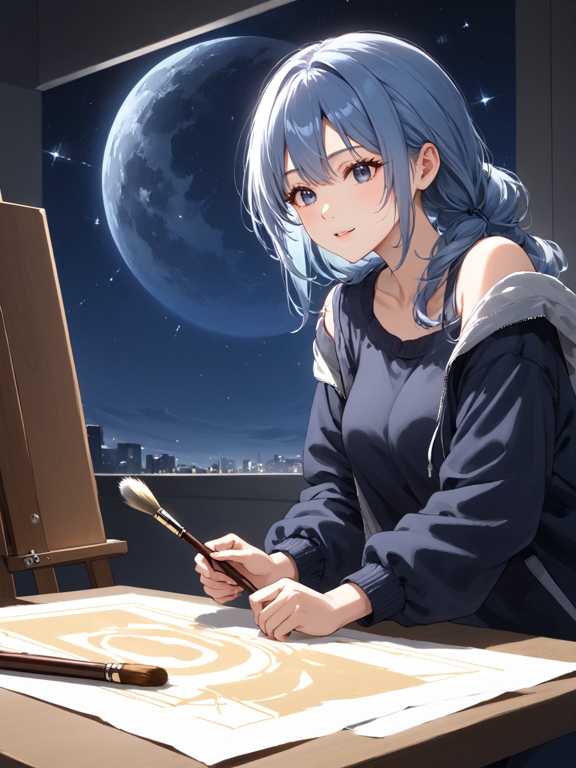 masterpiece, best quality, highres
,//Character, 
1girl, solo
,//Fashion, 
,//Background, white background
,//Others, ,Expressiveh, 
,AobaTsukuyo,
A girl painting the night sky with a gigantic paintbrush, creating stars and galaxies with each stroke.