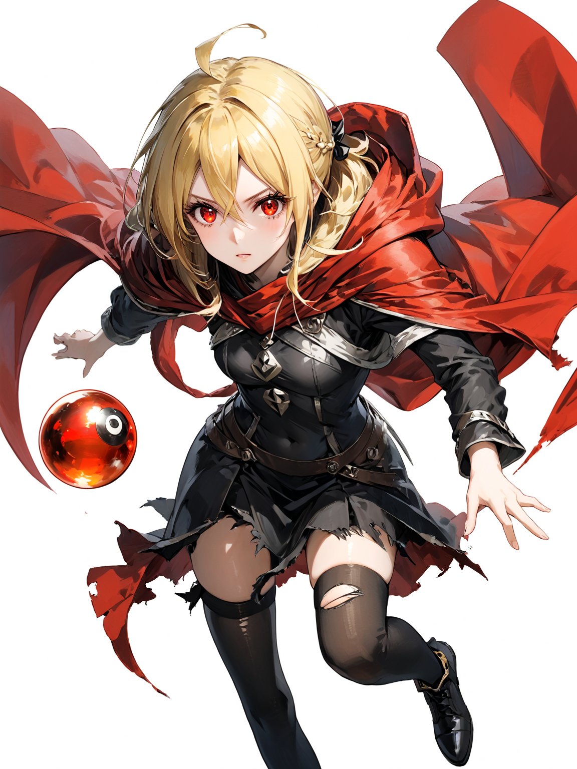 score_9,score_8_up,score_7_up,score_6_up, masterpiece, best quality, 8k, 8k UHD, ultra-high resolution, ultra-high definition, highres
,//Character, 
1girl, solo,Evileye \(overlord\), blonde hair, red eyes, hair between eyes, small breasts
,//Fashion, 
hood, black dress, torn clothes, covered navel, red cloak, hooded cloak, black thighhighs, torn thighhighs, 
hood up
,//Background, white_background
,//Others, ,Expressiveh,
dynamic pose, energy ball charging