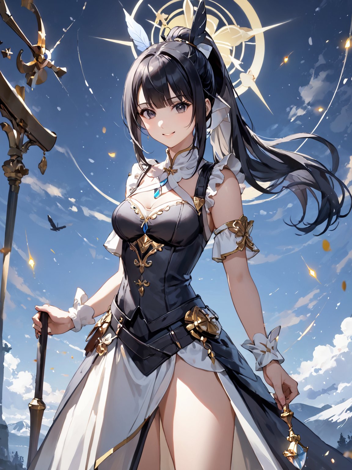 score_9,score_8_up,score_7_up,score_6_up, masterpiece, best quality, highres
,//Character, 
1girl,narberal gamma \(overlord\), long hair, black hair, glay eyes, bangs, ponytail, medium breats
,//Fashion, 

,//Background, 
,//Others, ,Expressiveh, 
The girl standing triumphantly atop a hill, silhouetted against a beautiful sunset. She's holding a magical artifact that glows with rainbow colors. Her posture is confident, and a smile of accomplishment lights up her face. Fireflies dance around her, adding a magical touch to the scene.
