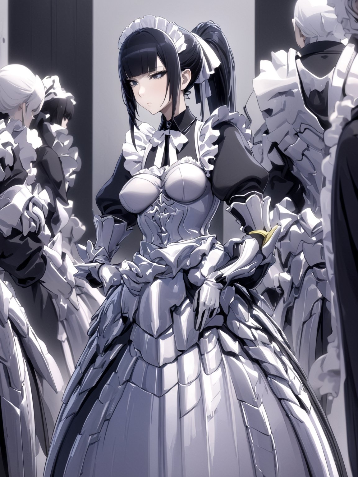 //Quality,
masterpiece, best quality, detailed
,//Character,
1girl, solo
,//Fashion,
,//Background,
,//Others,
,narberal gamma \(overlord\), 1girl, long hair, black hair, glay eyes, bangs, ponytail, medium breats, ribbon, bow, maid, dress, armor, gloves