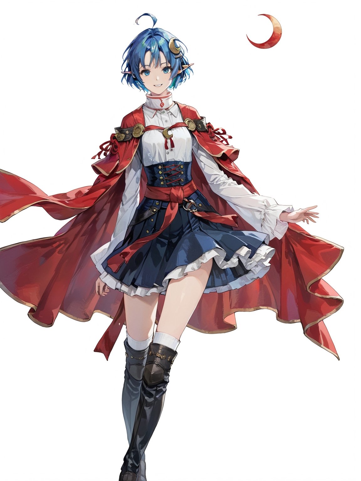 //Quality, masterpiece, best quality, detailmaster2, 8k, 8k UHD, ultra detailed, ultra-high resolution, ultra-high definition, highres, 
//Character, 1girl, solo, blue eyes, short hair, blue hair, pointy ears, ahoge,
//Fashion, red cape, skirt, thighhighs, crescent hair ornament,
//Background, white background, 
//Others, looking at viewer, smile, 