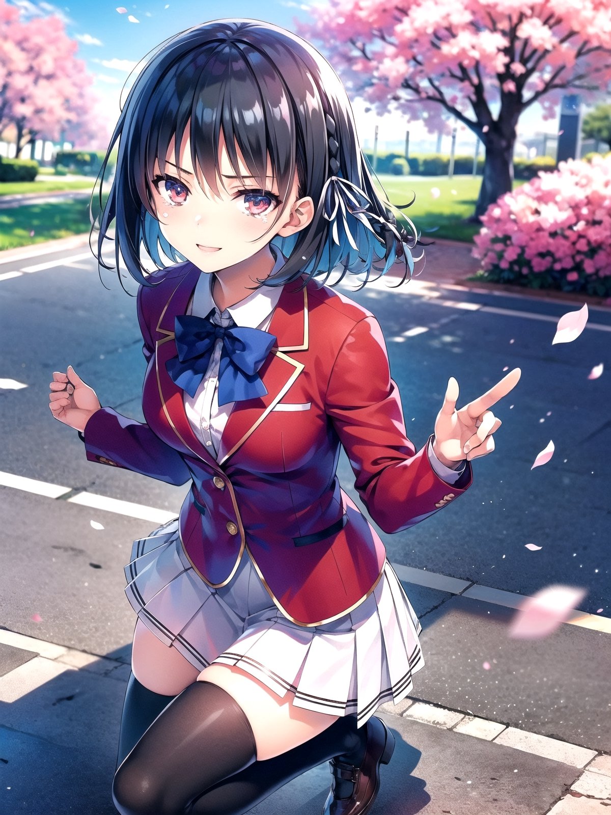 //Quality,
(masterpiece), (best quality), 8k illustration
,//Character,
1girl, solo
,//Fashion,
,//Background,
school gate, cherry blossoms
,//Others,
,aasuzune, short hair, black hair, (single braid:1.2), hair ribbon, red jacket, blazer, blue bowtie, long sleeves, white skirt, black thighhighs, happy tears, smile