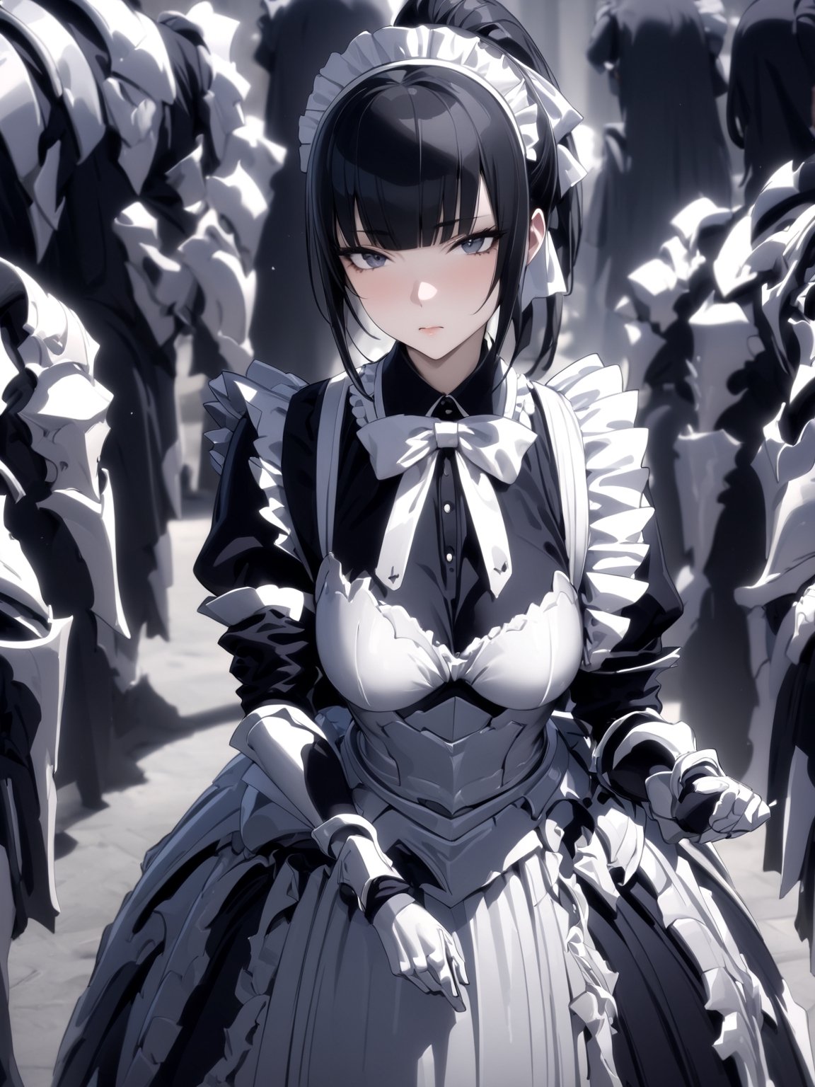 //Quality,
masterpiece, best quality, detailed
,//Character,
1girl, solo
,//Fashion,
,//Background,
,//Others,
,narberal gamma \(overlord\), 1girl, long hair, black hair, glay eyes, bangs, ponytail, medium breats, ribbon, bow, maid, dress, armor, gloves