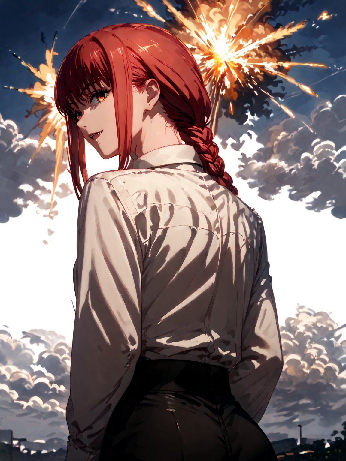 score_9,score_8_up,score_7_up,score_6_up, masterpiece, best quality, 8k, 8k UHD, ultra-high resolution, ultra-high definition, highres
,//Character, 
1girl, solo,makima_v1, red hair, ringed eyes, braided ponytail
,//Fashion, 
black necktie, shirt, collared shirt, black_pants
,//Background, white_background
,//Others, ,Expressiveh,ArtoriaPendragon, explosion, back view, looking at viewer, looking back, fang