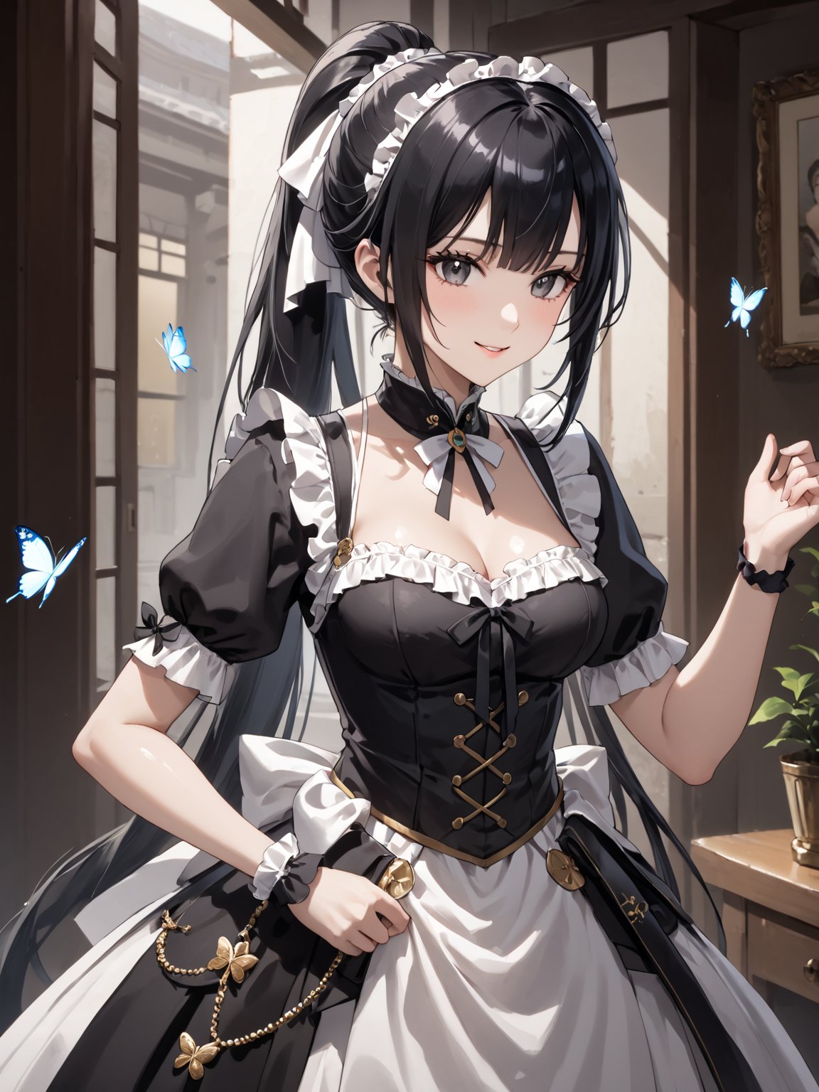 score_9,score_8_up,score_7_up,score_6_up, masterpiece, best quality, highres
,//Character, 
1girl,narberal gamma \(overlord\), long hair, black hair, glay eyes, bangs, ponytail, medium breats
,//Fashion, 
maid
,//Background, 
,//Others, ,Expressiveh, 
A girl releasing a butterfly she's raised from a caterpillar, her expression a mix of happiness and bittersweet farewell.