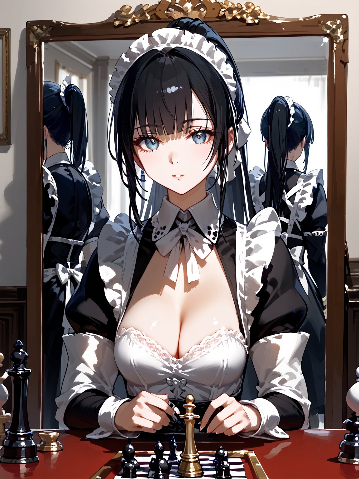 score_9,score_8_up,score_7_up,score_6_up, masterpiece, best quality, highres
,//Character, 
1girl, solo,narberal gamma \(overlord\), long hair, black hair, glay eyes, bangs, ponytail, medium breats
,//Fashion, 
maid
,//Background, 
,//Others, ,Expressiveh, 
A girl playing chess with her own reflection in a mirror, but the reflection is moving the pieces independently.