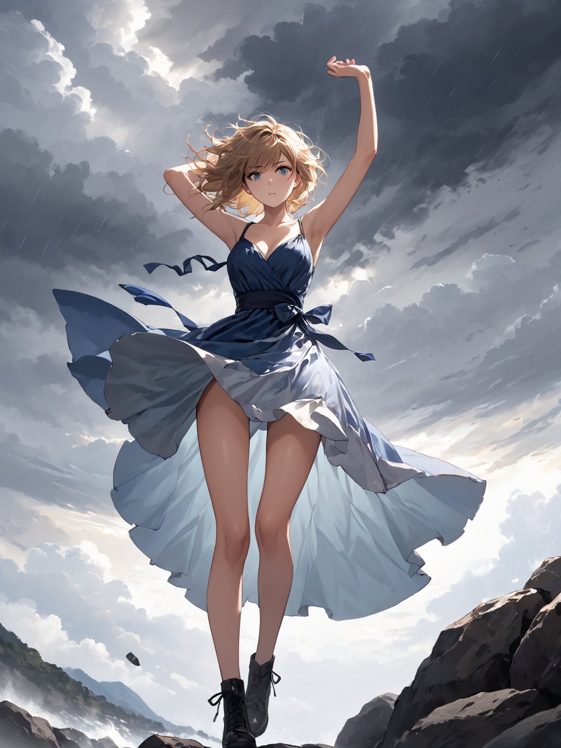 score_9,score_8_up,score_7_up,score_6_up, masterpiece, best quality, highres
,//Character, 
1girl, solo,SakayanagiArisu
,//Fashion, 

,//Background, 
,//Others, ,Expressiveh,
The girl climbing a steep, rocky cliff face. Her dress is slightly torn, and her hair is windswept. She's reaching for a handhold, determination evident on her face. Dark storm clouds gather in the background, adding drama to the scene.