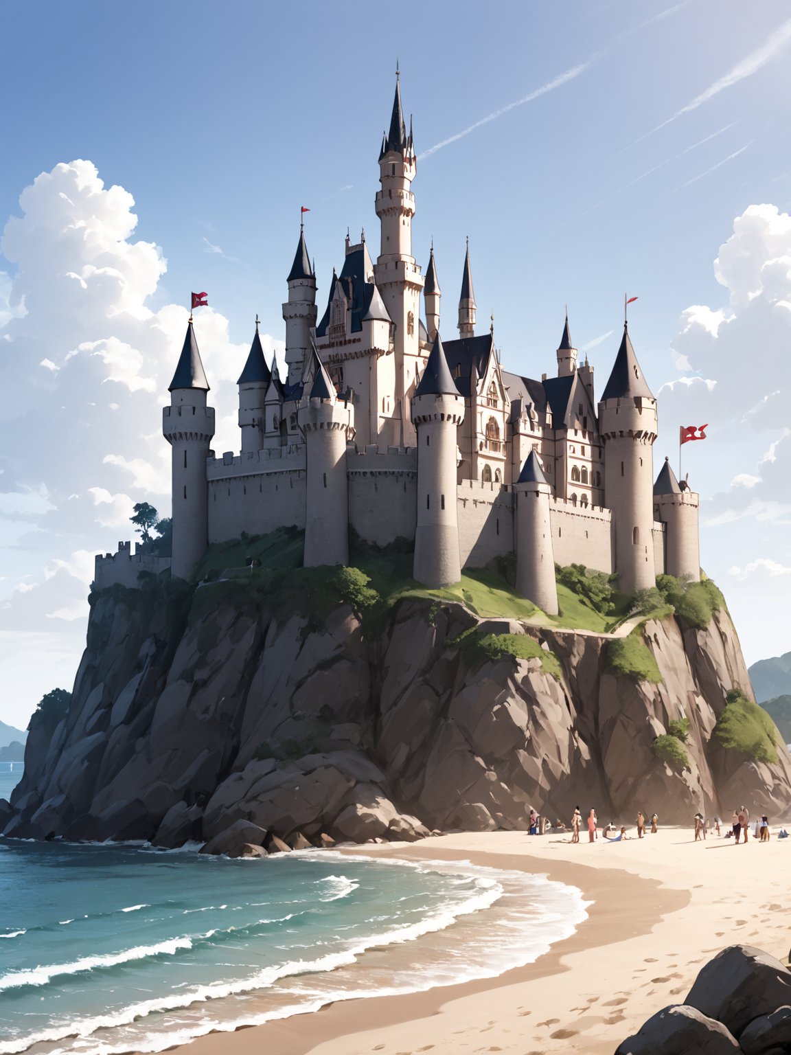 masterpiece, best quality, highres
,//Character, 
1girl, solo
,//Fashion, 
,//Background, white background
,//Others, ,Expressiveh, 
,AobaTsukuyo,
A girl building a sandcastle on a beach, but the castle is emerging as a full-sized, realistic medieval fortress.