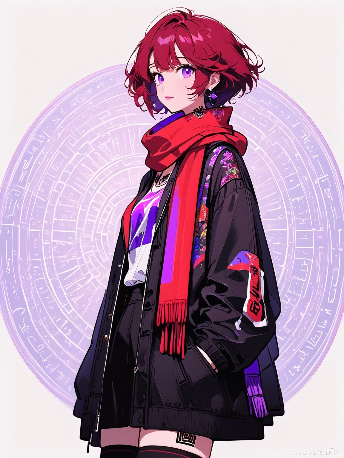 //Quality, masterpiece, best quality, detailmaster2, 8k, 8k UHD, ultra detailed, ultra-high resolution, ultra-high definition, highres, 
//Character, 1girl, solo, NelZelpher_SO3, purple eyes, short hair, red hair, tattoo,
//Fashion, black thighhighs, scarf, 
//Background, white background, 
//Others, 