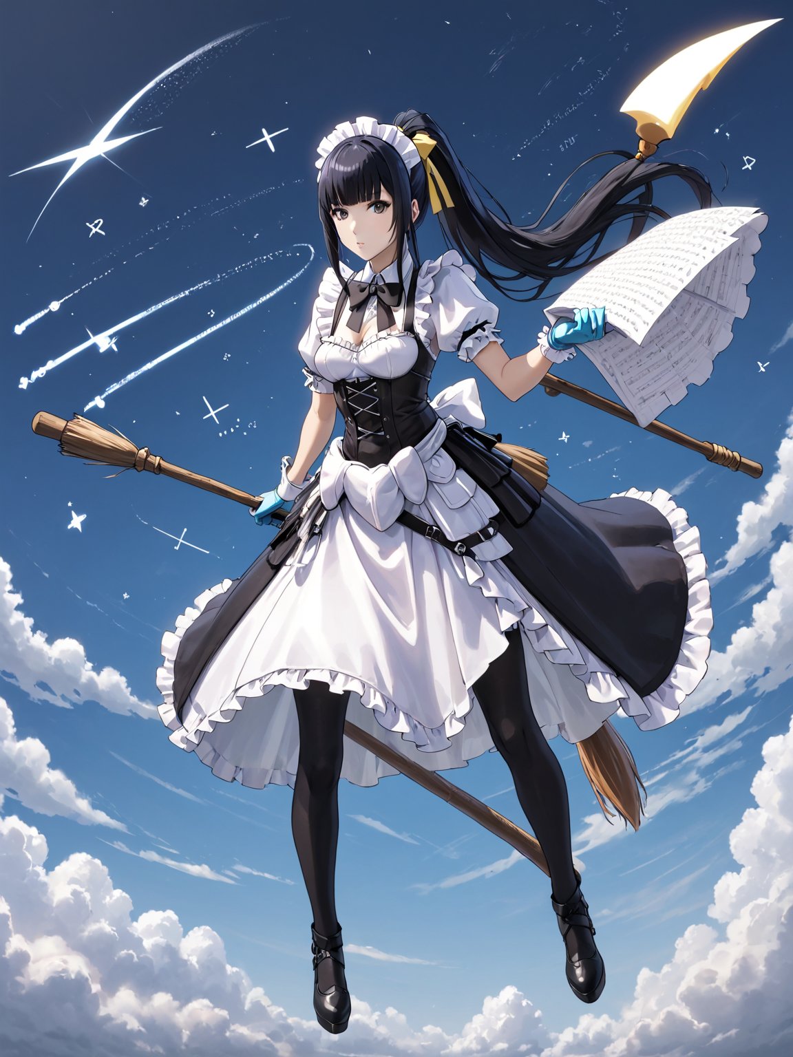 score_9,score_8_up,score_7_up,score_6_up, masterpiece, best quality, highres
,//Character, 
1girl, solo,narberal gamma \(overlord\), long hair, black hair, glay eyes, bangs, ponytail, medium breats
,//Fashion, 
ribbon, bow, maid, dress, armor, gloves
,//Background, 
,//Others, ,Expressiveh, female focus,
A girl riding a giant pencil like a witch's broomstick, soaring through a sky filled with floating mathematical equations.