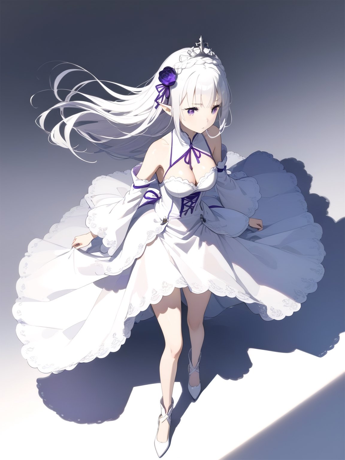 //Character, solo,emilia \(re_zero\), 1girl, long hair, white hair, purple eyes crown braid, pointy ears, 
//Fashion, white dress, hair ornament, hair ribbon, purple ribbon, bare shoulders, cleavage, white footwear,
//Background, simple background, 
//Quality, (masterpiece), best quality, ultra-high resolution, ultra-high definition, highres, intricate, intricate details, absurdres, highly detailed, finely detailed, ultra-detailed, ultra-high texture quality, natural lighting, natural shadow, dramatic shading, dramatic lighting, vivid colour, perfect anatomy, 
//Others, 