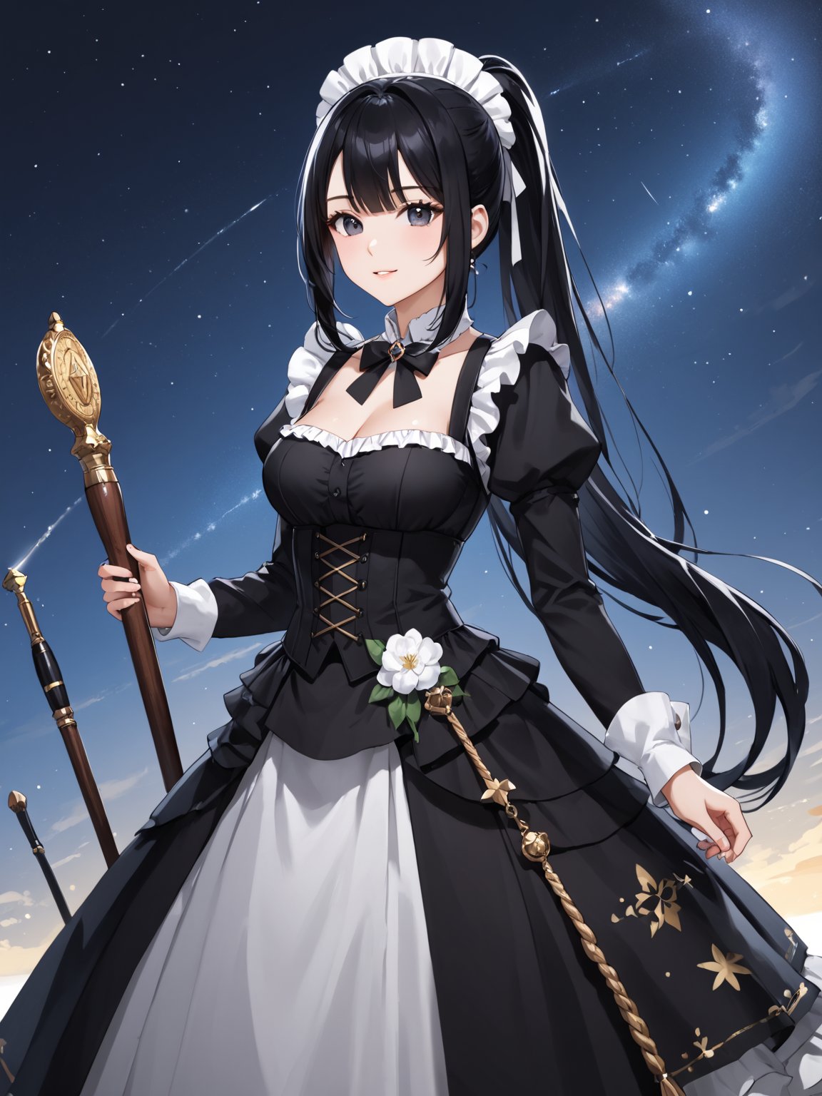 score_9,score_8_up,score_7_up,score_6_up, masterpiece, best quality, highres
,//Character, 
1girl,narberal gamma \(overlord\), long hair, black hair, glay eyes, bangs, ponytail, medium breats
,//Fashion, 
maid
,//Background, 
,//Others, ,Expressiveh, 
A girl painting the night sky with a gigantic paintbrush, creating stars and galaxies with each stroke.