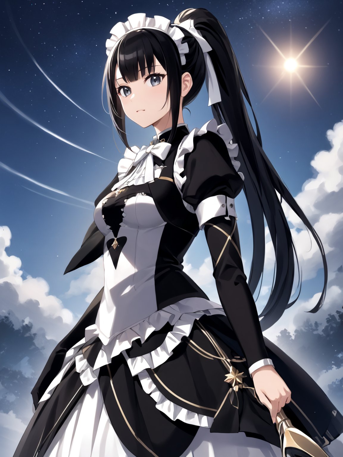 score_9,score_8_up,score_7_up,score_6_up, masterpiece, best quality, highres
,//Character, 
1girl,narberal gamma \(overlord\), long hair, black hair, glay eyes, bangs, ponytail, medium breats
,//Fashion, 
maid
,//Background, 
,//Others, ,Expressiveh, 
painting, stroke, night sky, gigantic paintbrush, creating stars and galaxies