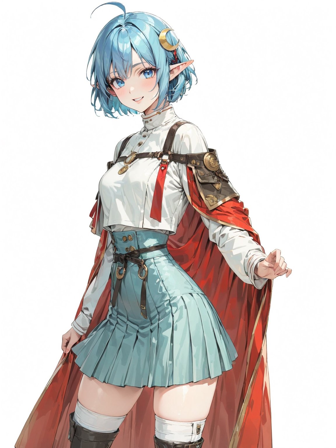 //Quality, masterpiece, best quality, detailmaster2, 8k, 8k UHD, ultra detailed, ultra-high resolution, ultra-high definition, highres, 
//Character, 1girl, solo, blue eyes, short hair, blue hair, pointy ears, ahoge,
//Fashion, red cape, skirt, thighhighs, crescent hair ornament,
//Background, white background, 
//Others, looking at viewer, smile, from_side