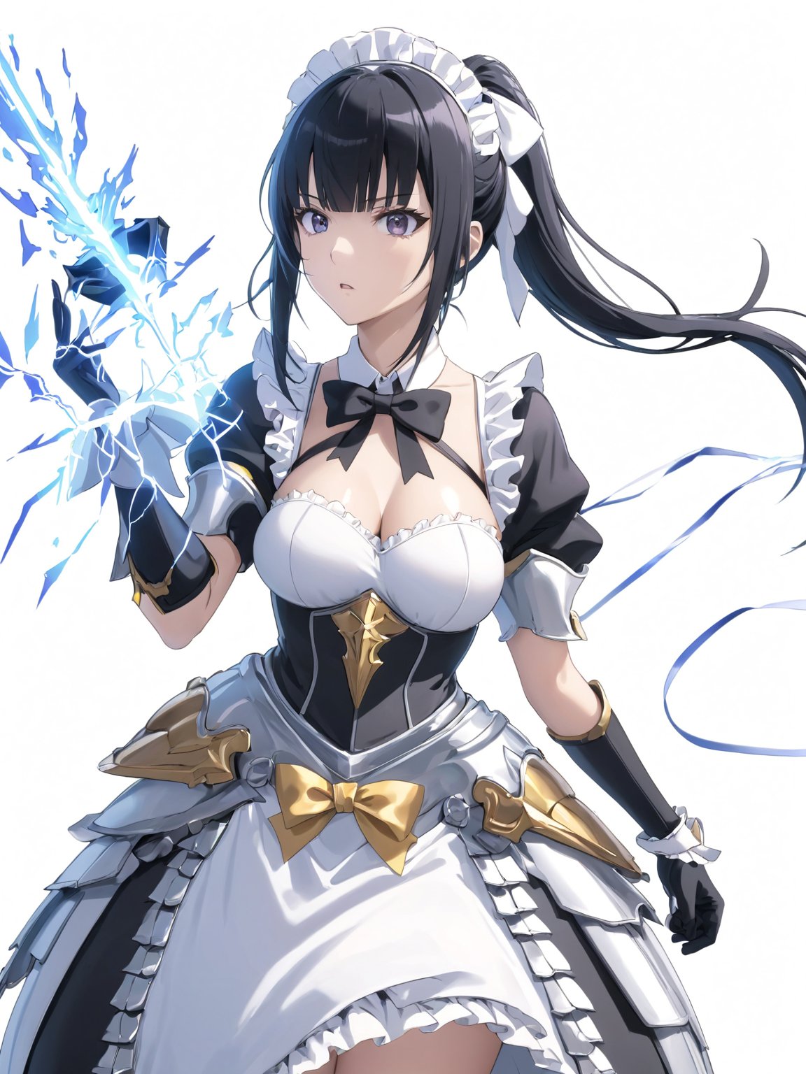 score_9,score_8_up,score_7_up,score_6_up, masterpiece, best quality, 8k, 8k UHD, ultra-high resolution, ultra-high definition, highres
,//Character, 
1girl, solo,narberal gamma \(overlord\), long hair, black hair, glay eyes, bangs, ponytail, medium breats
,//Fashion, 
ribbon, bow, maid, dress, armor, gloves
,//Background, white_background
,//Others, ,Expressiveh, 
lightning magic charging