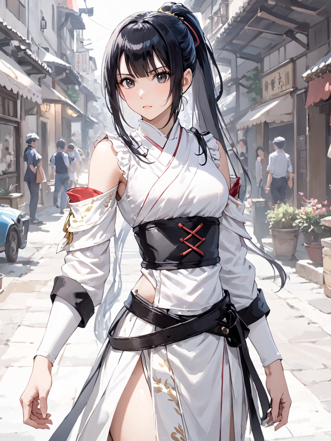 score_9,score_8_up,score_7_up,score_6_up, masterpiece, best quality, highres
,//Character, 
1girl,narberal gamma \(overlord\), long hair, black hair, glay eyes, bangs, ponytail, medium breats
,//Fashion, 

,//Background, 
,//Others, ,Expressiveh, 
A determined young girl in a karate gi, practicing her kata with intense focus.