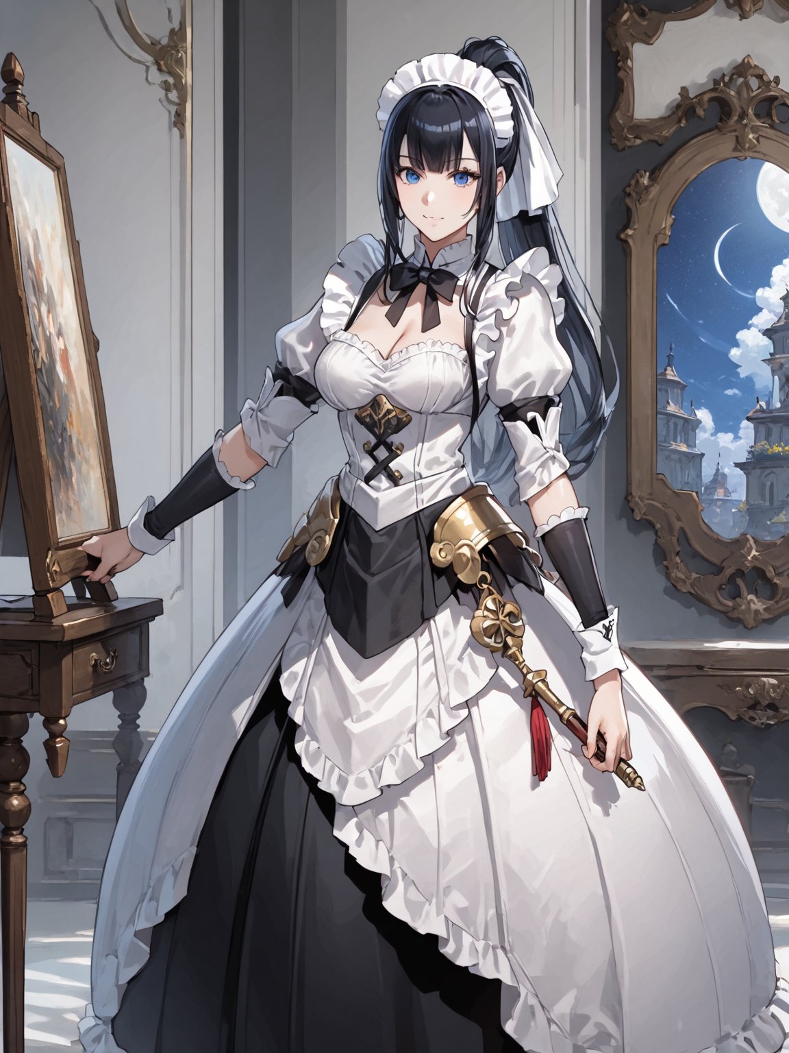 score_9,score_8_up,score_7_up,score_6_up, masterpiece, best quality, highres
,//Character, 
1girl, solo,narberal gamma \(overlord\), long hair, black hair, glay eyes, bangs, ponytail, medium breats
,//Fashion, 
maid
,//Background, 
,//Others, ,Expressiveh, 
A girl painting the night sky with a gigantic paintbrush, creating stars and galaxies with each stroke.