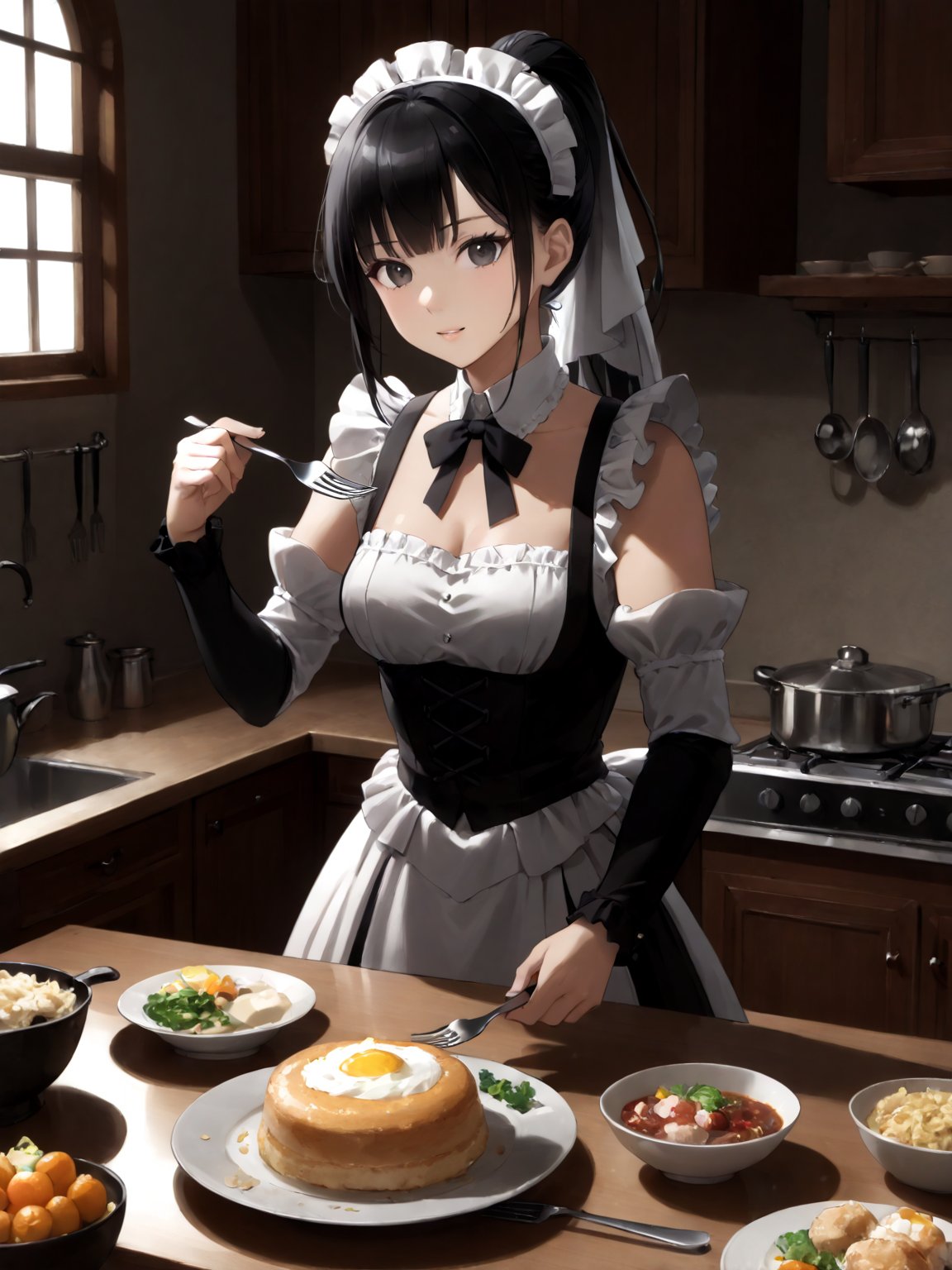A girl conducting an orchestra of kitchen utensils, each spoon and fork playing itself while floating in mid-air.,
masterpiece, best quality, highres
,//Character, 
1girl,narberal gamma \(overlord\), long hair, black hair, glay eyes, bangs, ponytail, medium breats
,//Fashion, 
maid
,//Background, 
,//Others, ,Expressiveh, 

