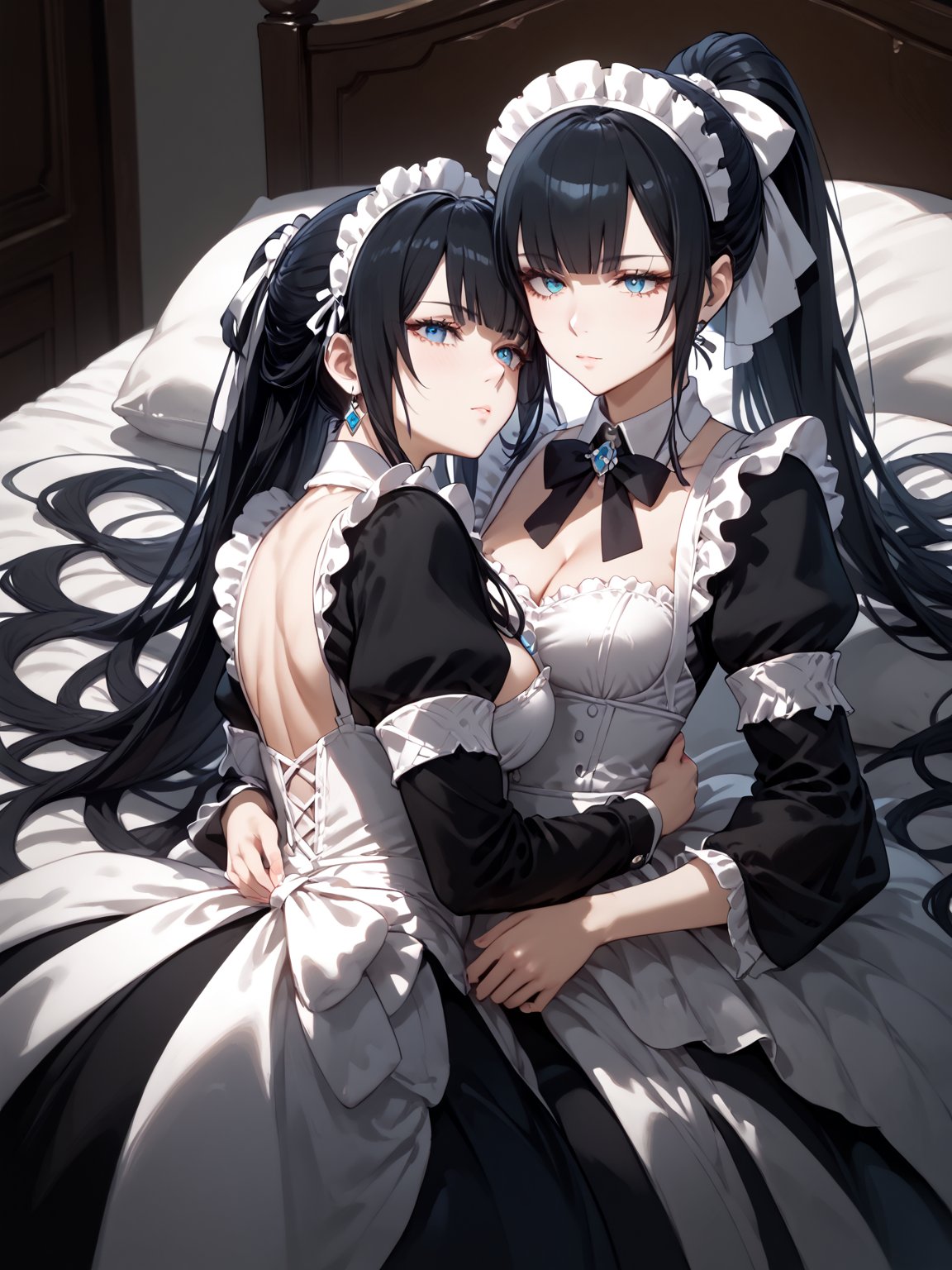 score_9,score_8_up,score_7_up,score_6_up, masterpiece, best quality, highres
,//Character, 
1girl,narberal gamma \(overlord\), long hair, black hair, glay eyes, bangs, ponytail, medium breats
,//Fashion, 
maid
,//Background, 
,//Others, ,Expressiveh, 
A sleepy girl cuddling with a large, gentle dog on a cozy couch, both wrapped in a soft blanket.