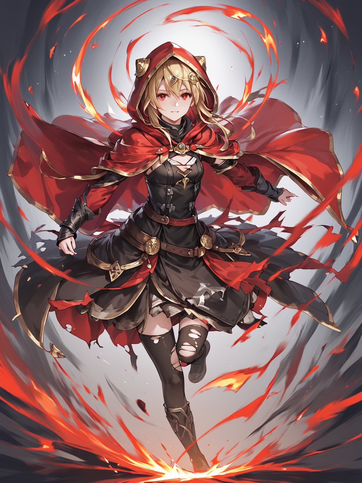 score_9,score_8_up,score_7_up,score_6_up, masterpiece, best quality, 8k, 8k UHD, ultra-high resolution, ultra-high definition, highres
,//Character, 
1girl, solo,Evileye \(overlord\), blonde hair, red eyes, hair between eyes, small breasts
,//Fashion, 
hood, black dress, torn clothes, covered navel, red cloak, hooded cloak, black thighhighs, torn thighhighs, 
hood up
,//Background, white_background
,//Others, ,Expressiveh,
dynamic pose, energy ball charging