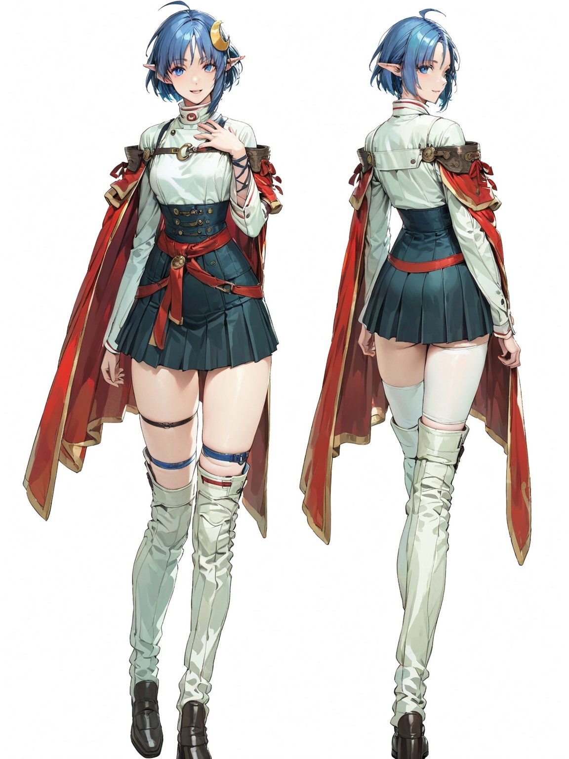 //Quality, masterpiece, best quality, detailmaster2, 8k, 8k UHD, ultra detailed, ultra-high resolution, ultra-high definition, highres, 
//Character, 1girl, solo, blue eyes, short hair, blue hair, pointy ears, ahoge,
//Fashion, red cape, skirt, thighhighs, shoes, crescent hair ornament,
//Background, white background, 
//Others, looking at viewer, smile, 