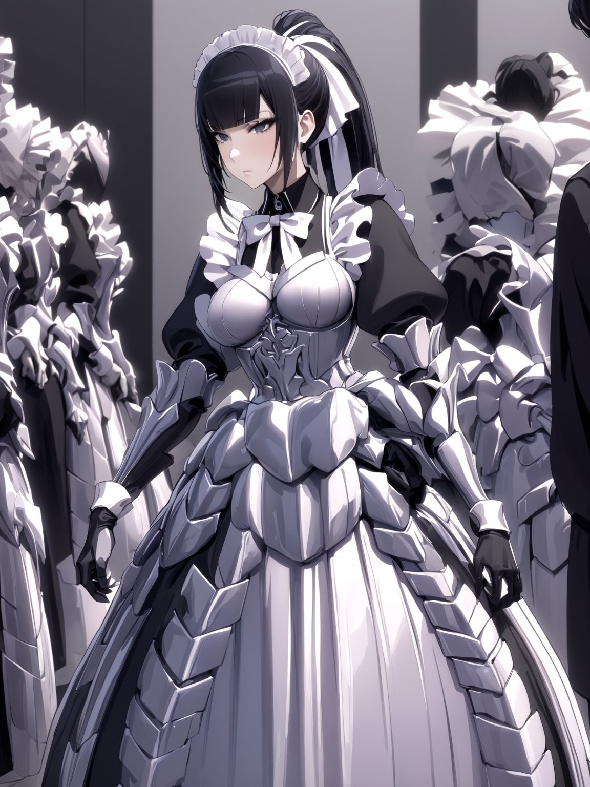 //Quality,
masterpiece, best quality, detailed
,//Character,
1girl, solo
,//Fashion,
,//Background,
,//Others,
,narberal gamma \(overlord\), 1girl, long hair, black hair, glay eyes, bangs, ponytail, medium breats, ribbon, bow, maid, dress, armor, gloves