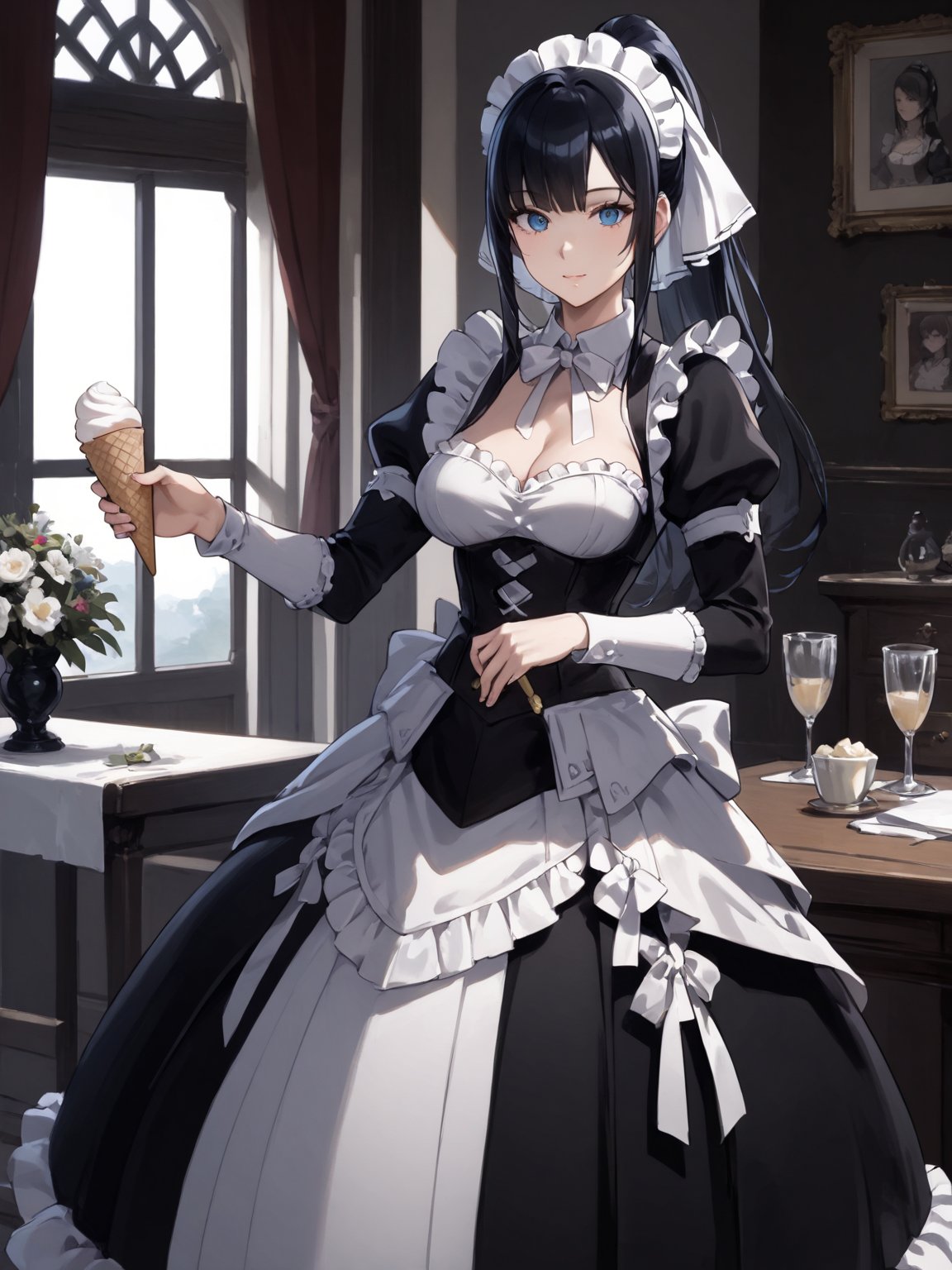 score_9,score_8_up,score_7_up,score_6_up, masterpiece, best quality, highres
,//Character, 
1girl,narberal gamma \(overlord\), long hair, black hair, glay eyes, bangs, ponytail, medium breats
,//Fashion, 
maid
,//Background, 
,//Others, ,Expressiveh, 
A girl sharing her ice cream cone with a tiny bird perched on her finger, both looking curious and content.