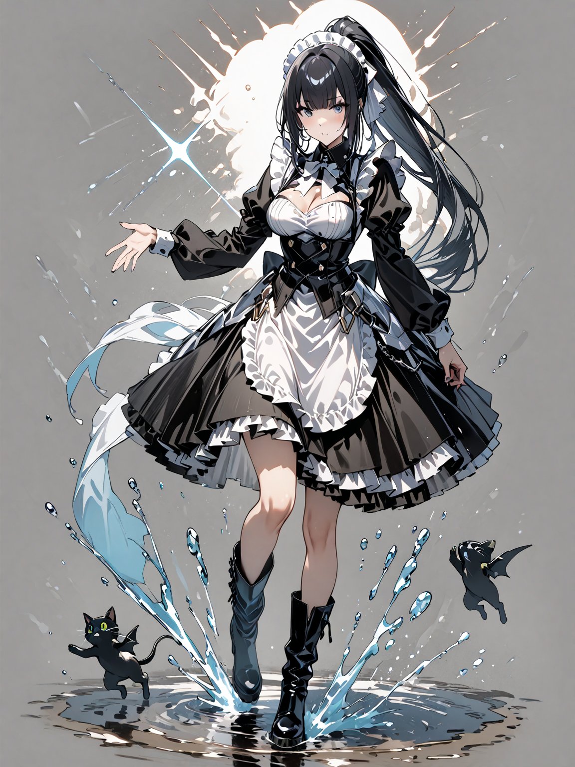 score_9,score_8_up,score_7_up,score_6_up, masterpiece, best quality, highres
,//Character, 
1girl,narberal gamma \(overlord\), long hair, black hair, glay eyes, bangs, ponytail, medium breats
,//Fashion, 
maid
,//Background, 
,//Others, ,Expressiveh, 
A girl in rain boots jumping in puddles after a storm, her face lit up with pure joy as rainbows form in the splash.